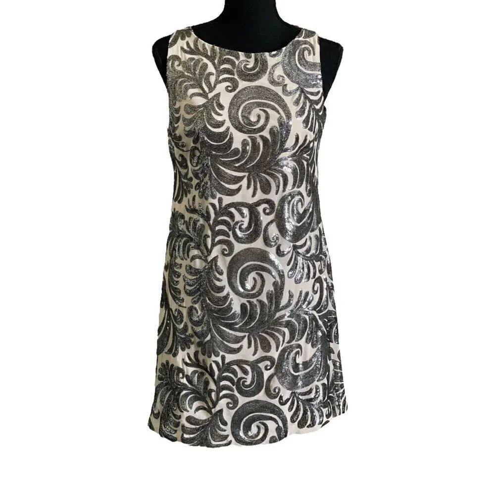 Cache Silver Sequins Sleeveless Cocktail Shift Dress Size Small - Picture 2 of 7